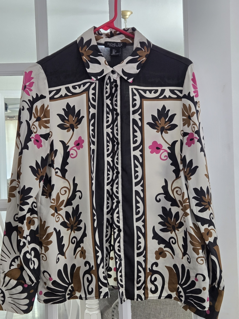 Rachel Zoe Black, Cream, Brown & Pink Floral Silk Button-Up Blouse